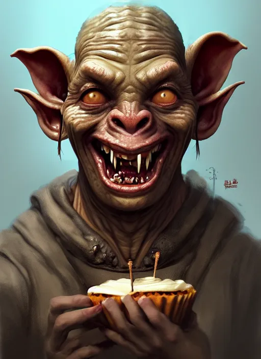 Image similar to portrait of a medieval goblin eating cakes, beautiful face, hyper realistic, highly detailed, digital painting, artstation, illustration, concept art by hyung tae and frank frazetta, digital paint, matte paint, washed colors, dark, gloomy