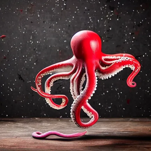 Prompt: a clean studio photography set, there is a bucket of red paint and it has just viciously exploded, there is paint EVERYWHERE, but not on the octopus, he is hiding, incredible beautiful ambient light