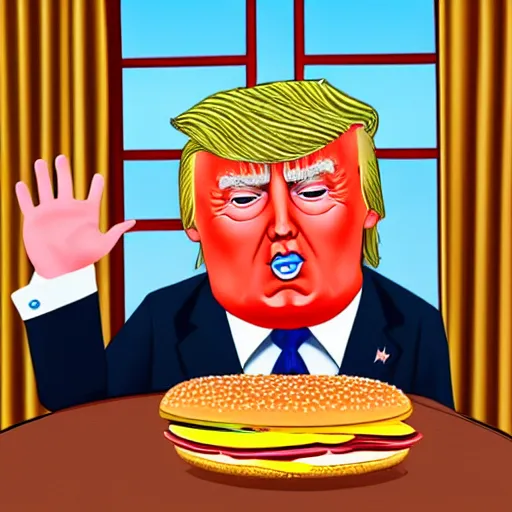 Prompt: Donald trump with hamburgers for hands, 8k, very detailed, white house