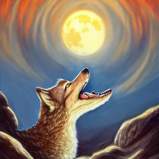 Image similar to A Hyperdetailed Award Winning Masterpiece trending on artstation of a wolf howling at the moon, oil painting