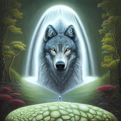 Image similar to an anthromorphic wolf meditating in a zen garden with a waterfall, by Adi granov and afarin sajedi and amanda sage and evgeni gordiets and Agostino Arrivabene in a psychedelic portrait style, ultrarealistic matte painting, volumetric lighting, fractal, extremely symmetrical, highly detailed face, orisha, 8k, hd