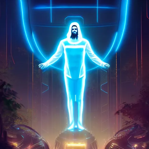 Image similar to tron legacy jesus visits the pittsburgh zoo, diffuse lighting, hyper realistic, concept art, intricate, hyper detailed, smooth, sharp focus, illustration, trending on artstation, art by greg rutkowski and james gurney and alphonse mucha