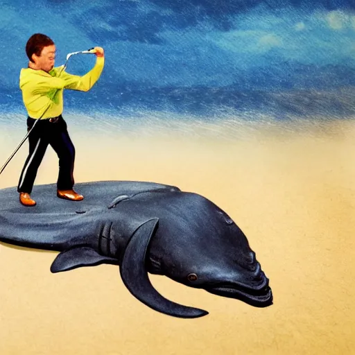 Prompt: highly detailed photo of a midget golfer standing on a beached whale. the crowd is cheering him as he lifts the trophy. highly detailed render, photorealistic, concept art, sfx