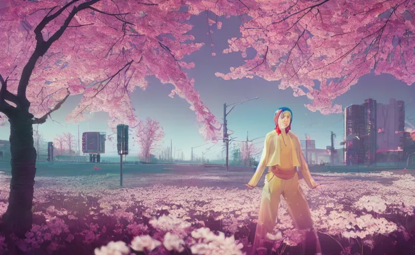 Image similar to queen of cherry blossoms, Low level, rendered by Beeple, Makoto Shinkai, syd meade, simon stålenhag, synthwave style, digital art, unreal engine, WLOP, trending on artstation, 4K UHD image, octane render,