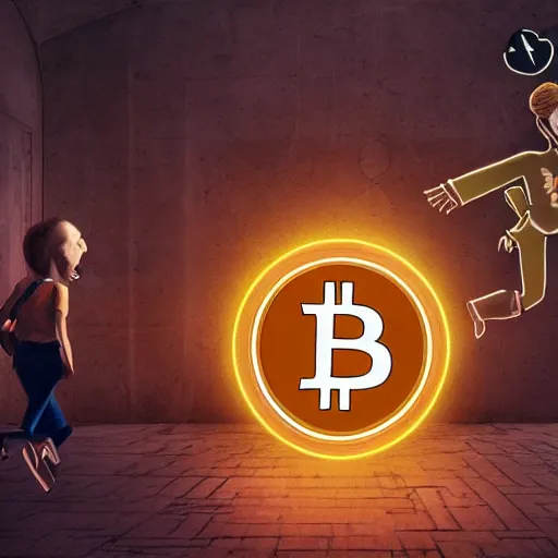 Prompt: people running away scared from a giant with bitcoin head, cinematic, comic art, hyper-realistic, cryptocurrency, 8k