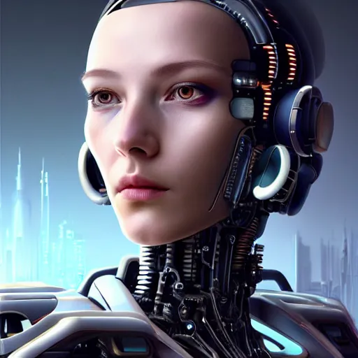 Prompt: centered portrait of an ultra detailed Mechanical Cyberpunk Female Android, looking into the camera!!, intricate, elegant, super highly detailed, professional digital painting, artstation, concept art, smooth, sharp focus, no blur, no dof, extreme illustration, Unreal Engine 5, Photorealism, 8k, cinematic, art by artgerm and greg rutkowski and alphonse mucha and loish and WLOP