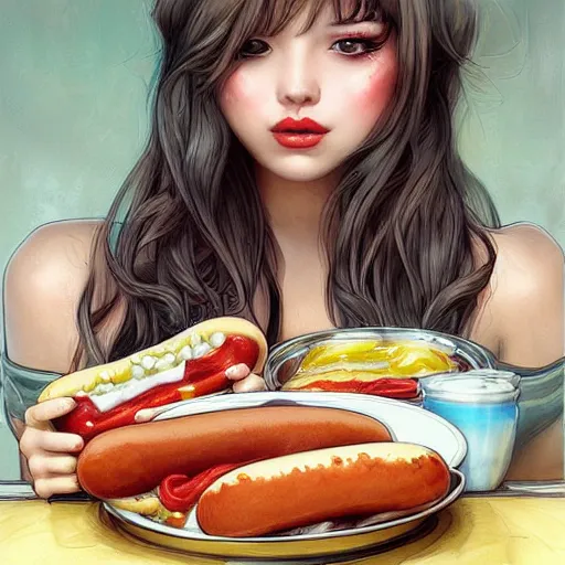 Image similar to hot dogs and yogurt is a messy meal, wlop, artgerm, mucha