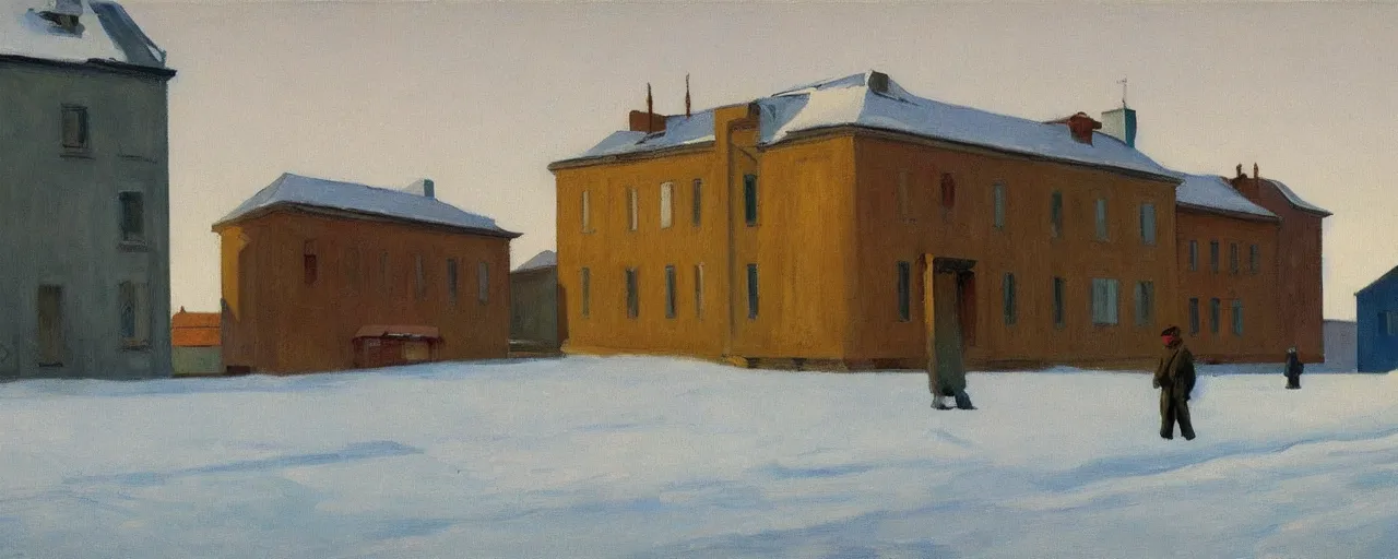 Prompt: an edward hopper style painting of a ( ( ( ( ( ( ( ( small town csorna ) ) ) ) ) ) ) ) in hungary, early - winter, january of 1 9 5 5