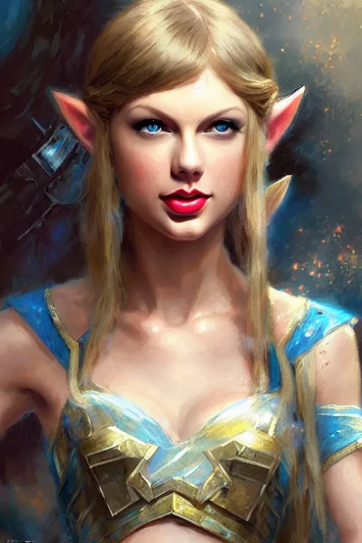 Image similar to taylor swift as princess zelda as a magic the gathering card portrait dnd, painting by gaston bussiere, craig mullins, greg rutkowski, yoji shinkawa