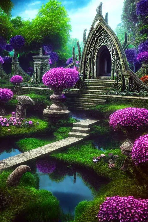 Image similar to photography of a hyper realistic lost celtic elven temple in a magical fantasy garden, mirroring water, colorful flowers, epic scale, insanely complex, hyperdetailed, sharp focus, hyper realism, artstation, cgsociety, 8 k, bright colors, by takato yamamoto, unreal engine 5