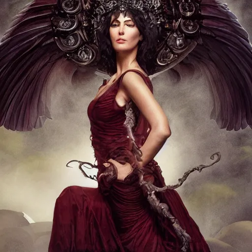 Image similar to majestic gracious regal aristocratic raven haired monica bellucci as the roman - greece vampire pandora portrait, indoors, atmospheric lighting, painted, intricate, volumetric lighting, beautiful, rich deep colours masterpiece, sharp focus, ultra detailed, by leesha hannigan, ross tran, thierry doizon, kai carpenter, ignacio fernandez rios