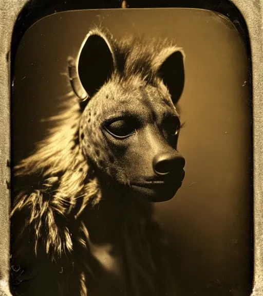 Image similar to professional studio photo portrait of anthro anthropomorphic spotted hyena head animal person fursona wearing clothes by Louis Daguerre daguerreotype