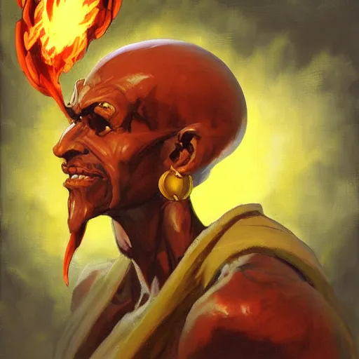 Image similar to greg manchess portrait painting of dhalsim from street fighter shaping a fireball as overwatch character, medium shot, asymmetrical, profile picture, organic painting, sunny day, matte painting, bold shapes, hard edges, street art, trending on artstation, by huang guangjian and gil elvgren and gerald brom