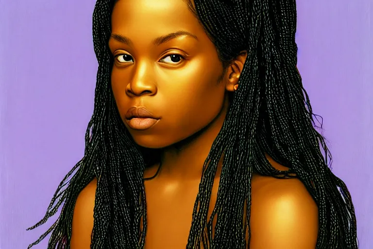 Prompt: a beautiful girl with long hair and with iridescent skin by kehinde wiley