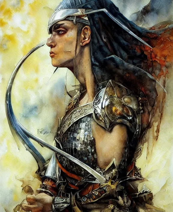 Image similar to a beautiful young medieval warrior, by karol bak, fine art, watercolor