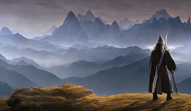 Prompt: the wizard gandalf casting a spell in a battle scene, mountains in the distance, landscape, epic, in the style of akira kurosawa, cinematic, dramatic lighting, film grain, photographic