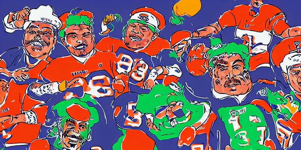 Image similar to Football players Butkus, Ditka, Walter Payton, as chefs inside Cthulhu, in the style of Lisa Frank