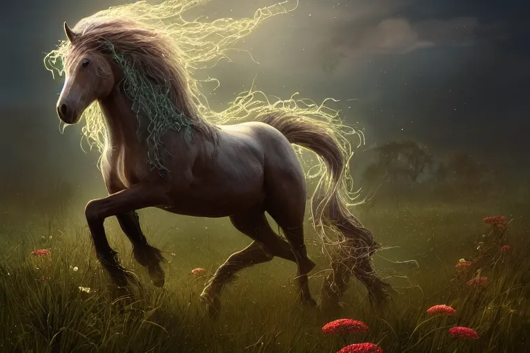 Image similar to a stunning horse with a mane of bioluminescent vines and flowers running through a meadow by greg rutkowski, high key lighting, volumetric light, digital art, highly detailed, fine detail, intricate, ornate, complex, octane render, unreal engine, photorealistic