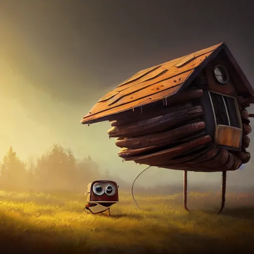 Image similar to a walking wood and metal house with two legs and two big eyes, rust, hyperrealistic, highly detailed, cinematic, single ray of sun, morning, pareidolia, gravity falls style, beautiful, cgssociety, artstation, 8 k, oil painting, digital art