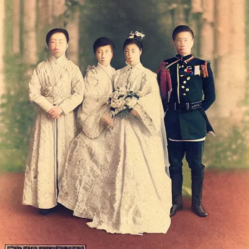 Image similar to a wide full shot, colored russian and japanese mix historical fantasy of a photograph portrait taken of a royal wedding ceremony, photographic portrait, warm lighting, 1 9 0 7 photo from the official wedding photographer for the royal wedding.