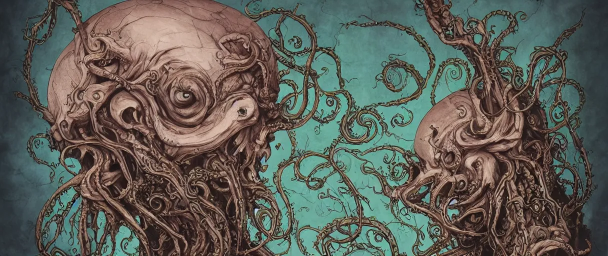 Image similar to centered horrifying detailed side view profile portrait of a insane, crazed, mad old bald zombie, cthulhu, eldritch abomination, dunwitch horror, ornate tentacles growing around, ornamentation, thorns, vines, tentacles, elegant, beautifully soft lit, full frame, 8 k by wayne barlowe, peter mohrbacher, kelly mckernan, h r giger