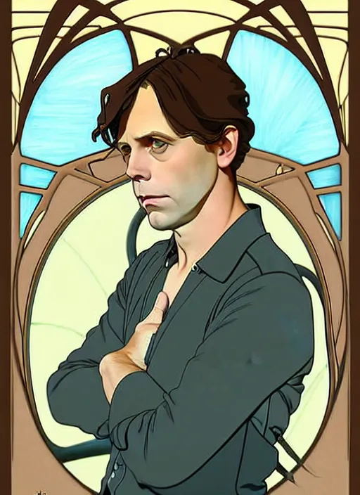 Image similar to art nouveau portrait of geoff rickly with short light brown straw blond hair, light blue eyes, sad expression, scared, head down, shy and demure, natural lighting, path traced, highly detailed, high quality, cartoon, digital painting, by don bluth and ross tran and studio ghibli and alphonse mucha