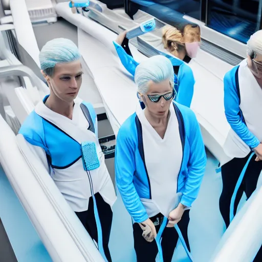 Prompt: group of athletic humans with light blue neoprene suits and white hair standing in tight formation on a conveyor belt, futuristic laboratory, sci - fi, highly detailed, hyperrealistic