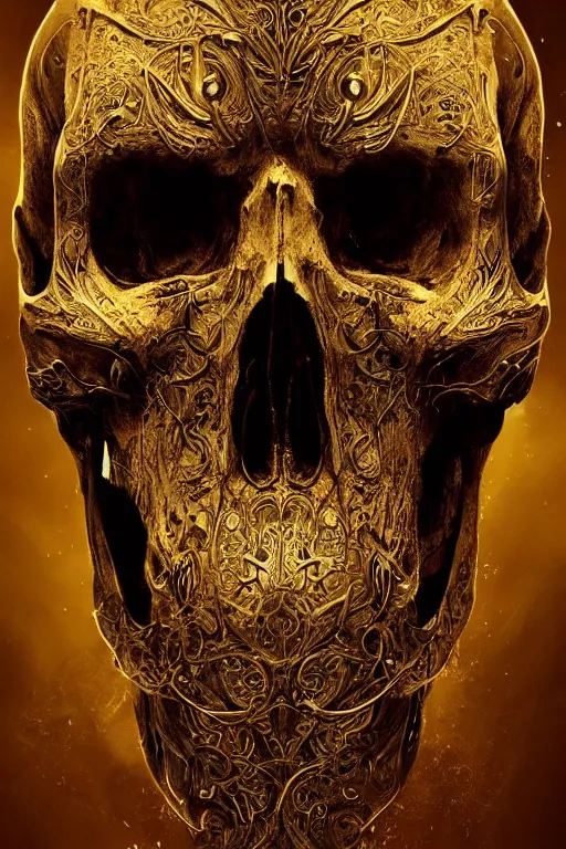 Image similar to skull, close - up portrait, powerful, intricate, elegant, volumetric lighting, digital painting, highly detailed, artstation, sharp focus, illustration, concept art, intricate ink pen, gold leaf