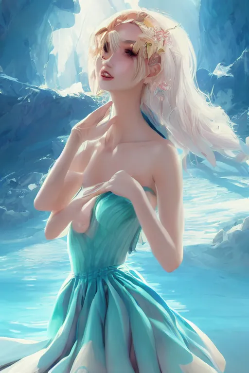 Image similar to a beautiful fashion goddness of love, chic strapless dress, tropical sea background, character design, in the style of artgerm, and wlop, cinematic lighting, hyperdetailed, 8 k realistic, symmetrical, global illumination, radiant light, frostbite 3 engine, cryengine, dof, trending on artstation, digital art