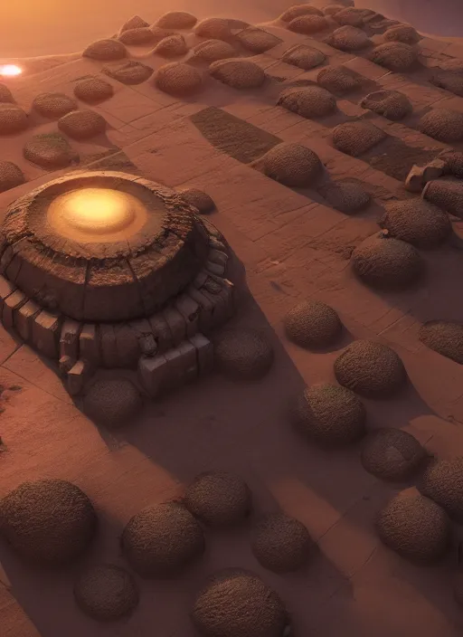 Prompt: isometric view, video game level design of a planet surface with ancient structures, Egyptian, unreal engine, Arnold render, octane render, moody, night, highly detailed, volumetric lighting, glow