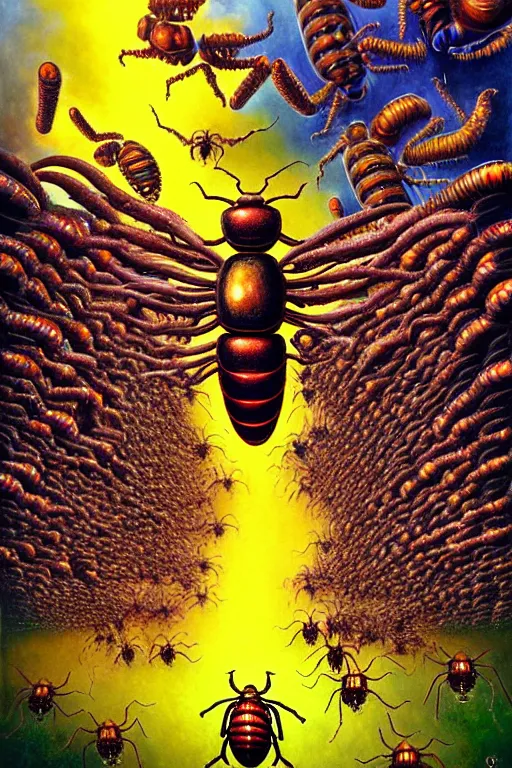 Image similar to a hyperrealistic painting of an epic boss fight against a swarm of alien hornets on a sunny day at the park, cinematic horror by chris cunningham, lisa frank, richard corben, highly detailed, vivid color,