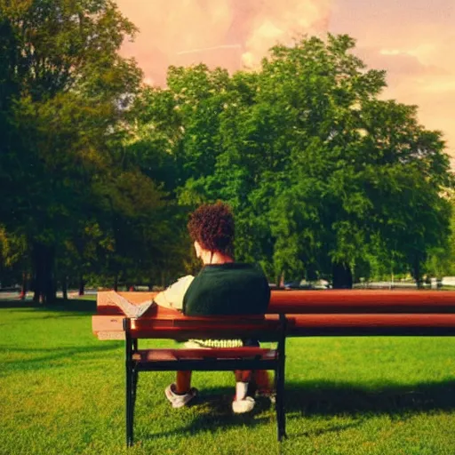 Prompt: 1 9 9 0 s candid 3 5 mm photo of a man sitting on a bench in a park writing in a notebook, cinematic lighting, cinematic look, golden hour, the clouds are epic and colorful with cinematic rays of light, photographed by petra collins, hyper realistic