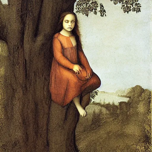 Image similar to girl with long hair sits in a tree by davinci