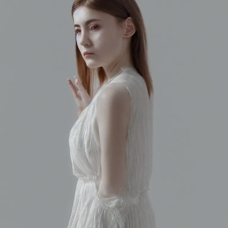 Image similar to hight focus f - 2 2, 8 5 mm, iso 1 0 0 : a wonderful realistic focused sweet face mid portrait of a lonely woman with a detailed wonderful symmetrical face who is dressed with a wonderful, majestic, large semi transparent white cotton dress, dramatic light, octane render - 8 k