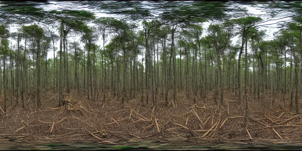 Prompt: high quality 360° image in equirectangular projection of a dense pine forest swamp with straw huts, overcast day