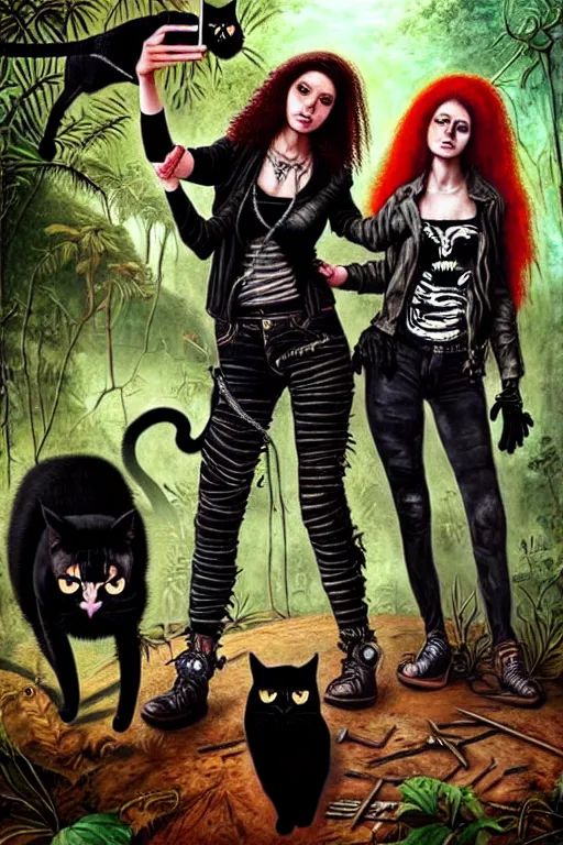 Image similar to punk rock girls making selfie with black cats in jungle , 1980 style, mad max jacket, post apocalyptic, renaissance, highly detailed, digital painting, 4k, oil painting by Leonardo Da Vinci, hyper realistic style, fantasy by Olga Fedorova