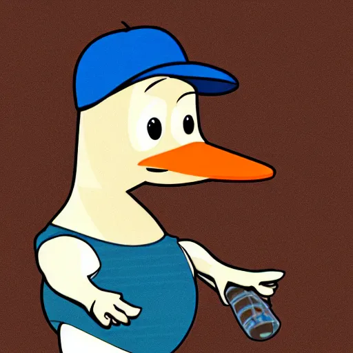 Prompt: cartoon of a short goose wearing a blue baseball cap