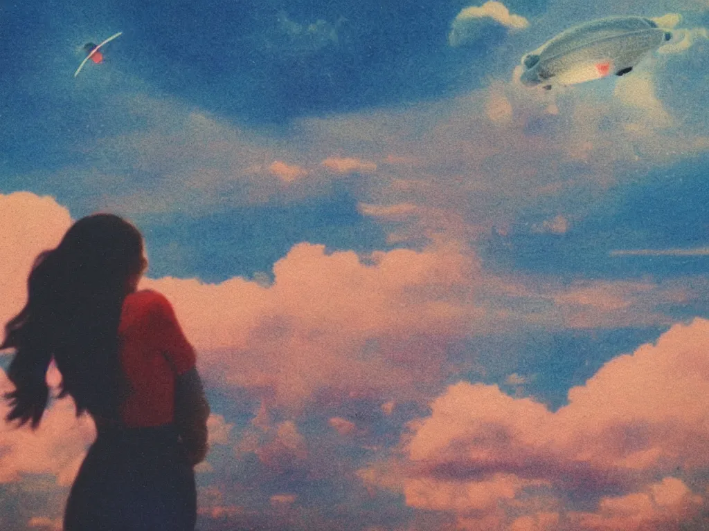 Image similar to vintage polaroid of a beautiful woman spotting a ufo in the sky, seen from behind, detailed clouds, warm azure tones, red color bleed, film grain