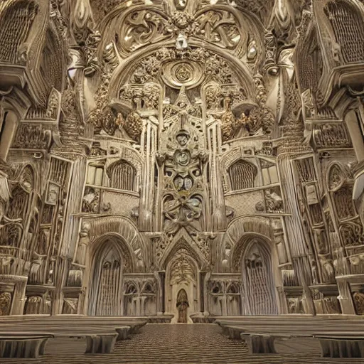 Image similar to a beautiful hyperrealistic 3 d render of an ivory sculpture of an ornate detailed cathedral populated by mandelbrot fractals, micro detail, 8 k, unreal engine, volumetric lighting, octane renderer, catholicpunk, colorful, physically based rendering, carved soap, trending on cgsociety