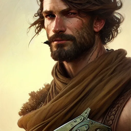 Image similar to Portrait of rugged male ranger, D&D, muscular, fantasy, intricate, elegant, highly detailed, digital painting, artstation, concept art, smooth, sharp focus, illustration, art by artgerm and greg rutkowski and alphonse mucha