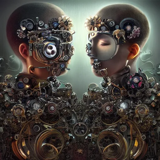 Prompt: a beautiful intricate fine art RPG portrait photo of a mechanical industrial steampunk cybernetic yin yang symbol, overgrown with morning glory flowers, montsera leaves by tom bagshaw and zach sutton, golden ratio composition, studio lighting, 50mm lens, very detailed, bionic, cybernetic scifi, deep depth of field, artstation, 8K, highly coherent