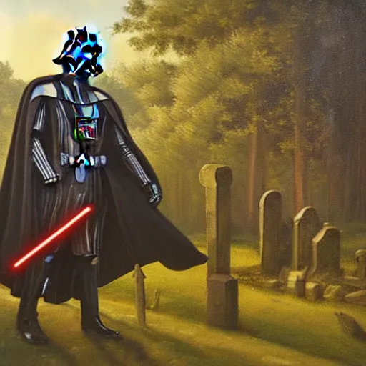 Prompt: a detailed oil painting of darth vader leaving a quaint norman flint church, english, churchyard, trees, golden hour, isometric