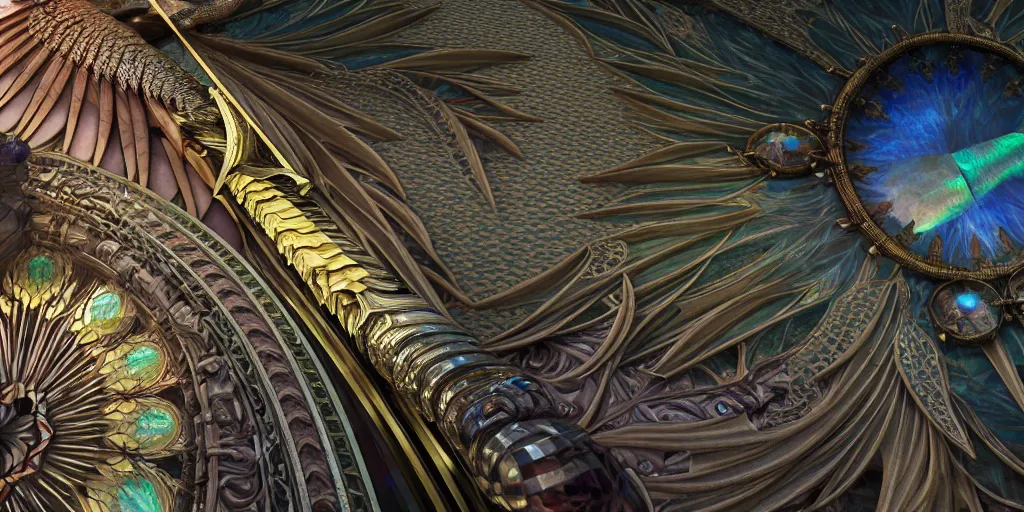 Image similar to beautiful physical hyper detailed render of a huge mega divine sword, symmetric, the style of louis comfort tiffany, pascal blanche, zigor samaniego, paul pepera, ellen jewett, weapon design, perfect shadow, mechanics, feather, wing, exquisite, gradient, structure, c 4 d, 3 d render, unreal engines, atmospheric lighting, 4 k hd