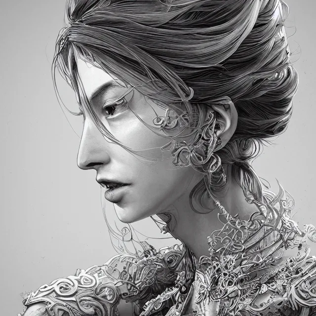 Image similar to the portrait of the lawful good alignment personified as an absurdly beautiful, graceful, elegant, sophisticated, young woman, an ultrafine hyperdetailed illustration by kim jung gi, irakli nadar, intricate linework, bright colors, octopath traveler, final fantasy, unreal engine 5 highly rendered, global illumination, radiant light, detailed and intricate environment