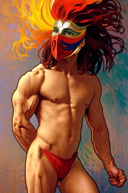 Image similar to A man wearing colorful mask, hair like fire, muscular, painting by greg rutkowski and alphonse mucha