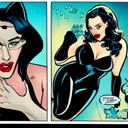 Image similar to a comicbook pane of Kat Dennings as Catwoman, silver age of comics