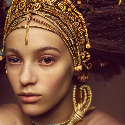 Image similar to kodak portra 4 0 0, 8 k, artstation, soft light, volumetric lighting, highly detailed, britt marling style 3 / 4 extreme close - up portrait photography of a beautiful woman pre - raphaelite, inspired by thandiwe muriu, royal woman wearing ornate art nouveau orchid headdress, realistic, refined, highly detailed