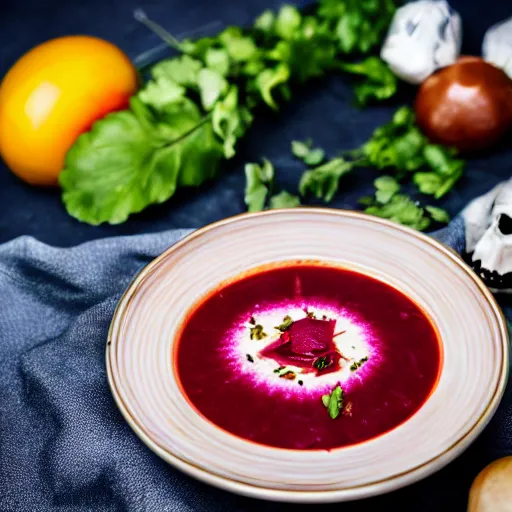 Prompt: borscht served with small skulls, award winning food photo, 4 k, high quality