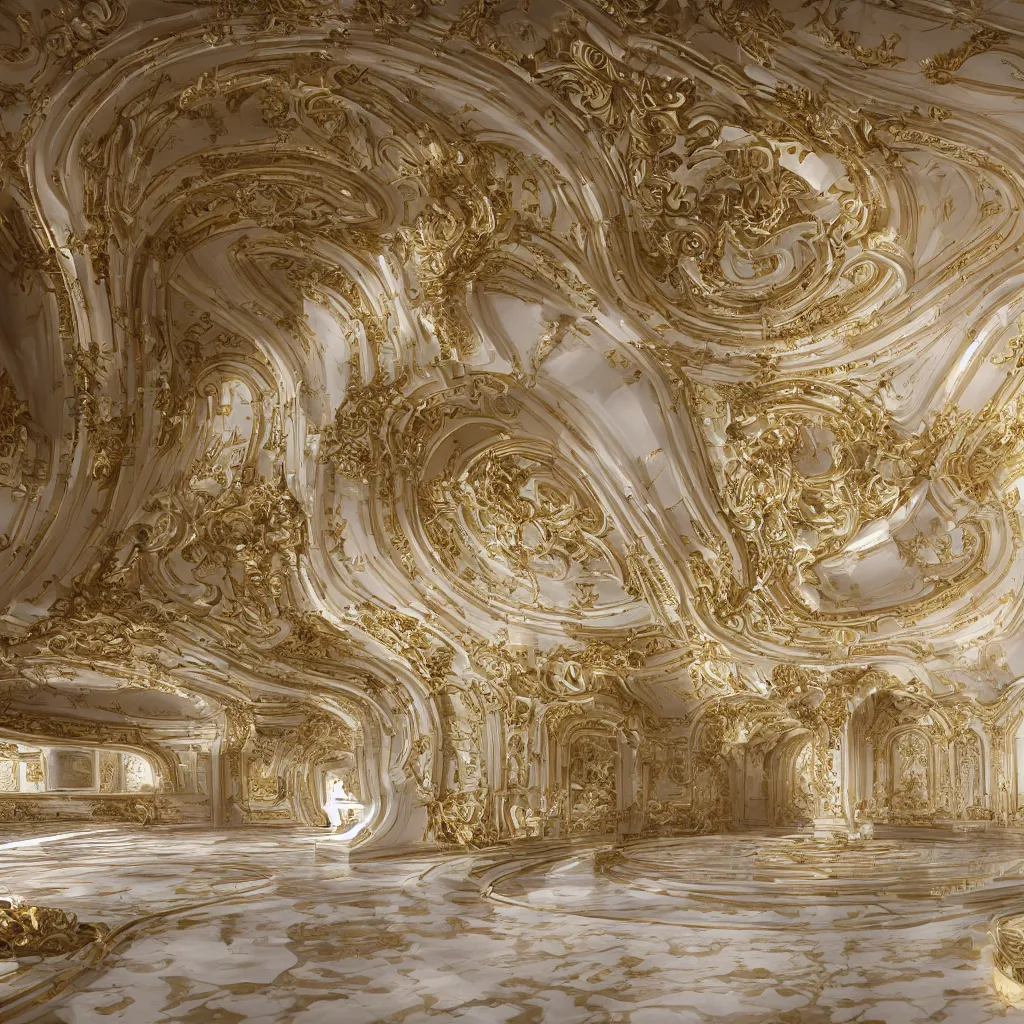 Image similar to an incredibly smooth curvilinear digital neo baroque interior architectural sculpture, a golden pool on the ground is envelope by folding white smooth surfaces, seductive, visually satisfying architecture render