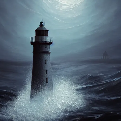 Prompt: a beautifuly ultradetailed painting of a lighthouse in a sea of black water with eldritch terrors crawling up from the water, icy mist, morning shot, Raphael Lacoste, Makoto Shinkai, 4k, trending on artstation, aerial photography.